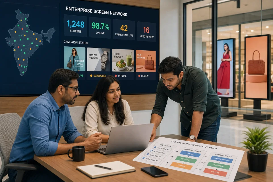 Indian enterprise team planning a multi-location digital signage rollout beside a screen network dashboard
