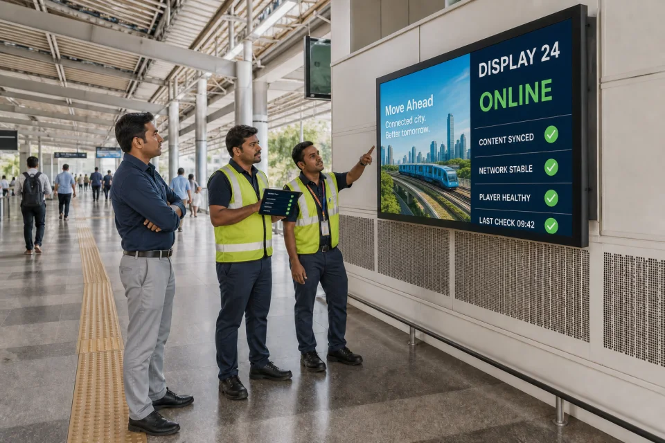 Indian field and operations team checking a digital display in a public transport environment