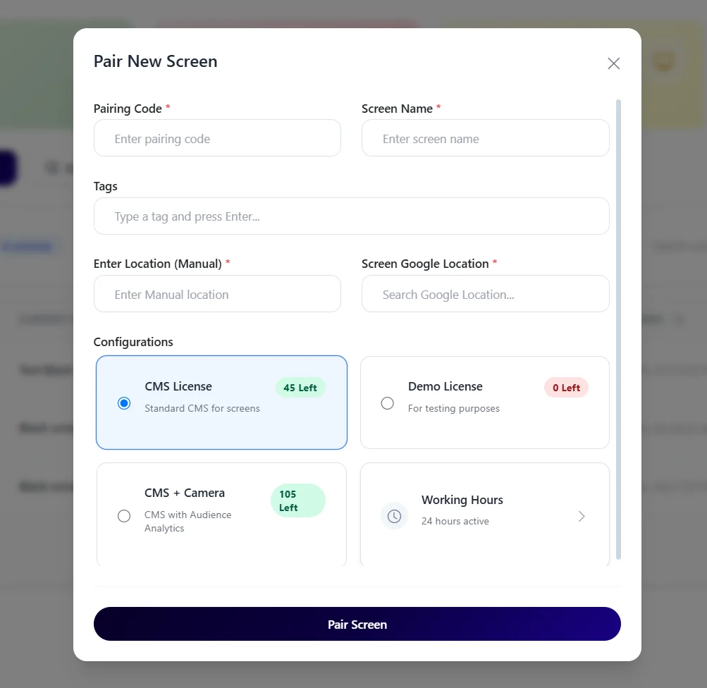 aiAdFlux pair-new-screen workflow with naming, location, configuration, and licence controls