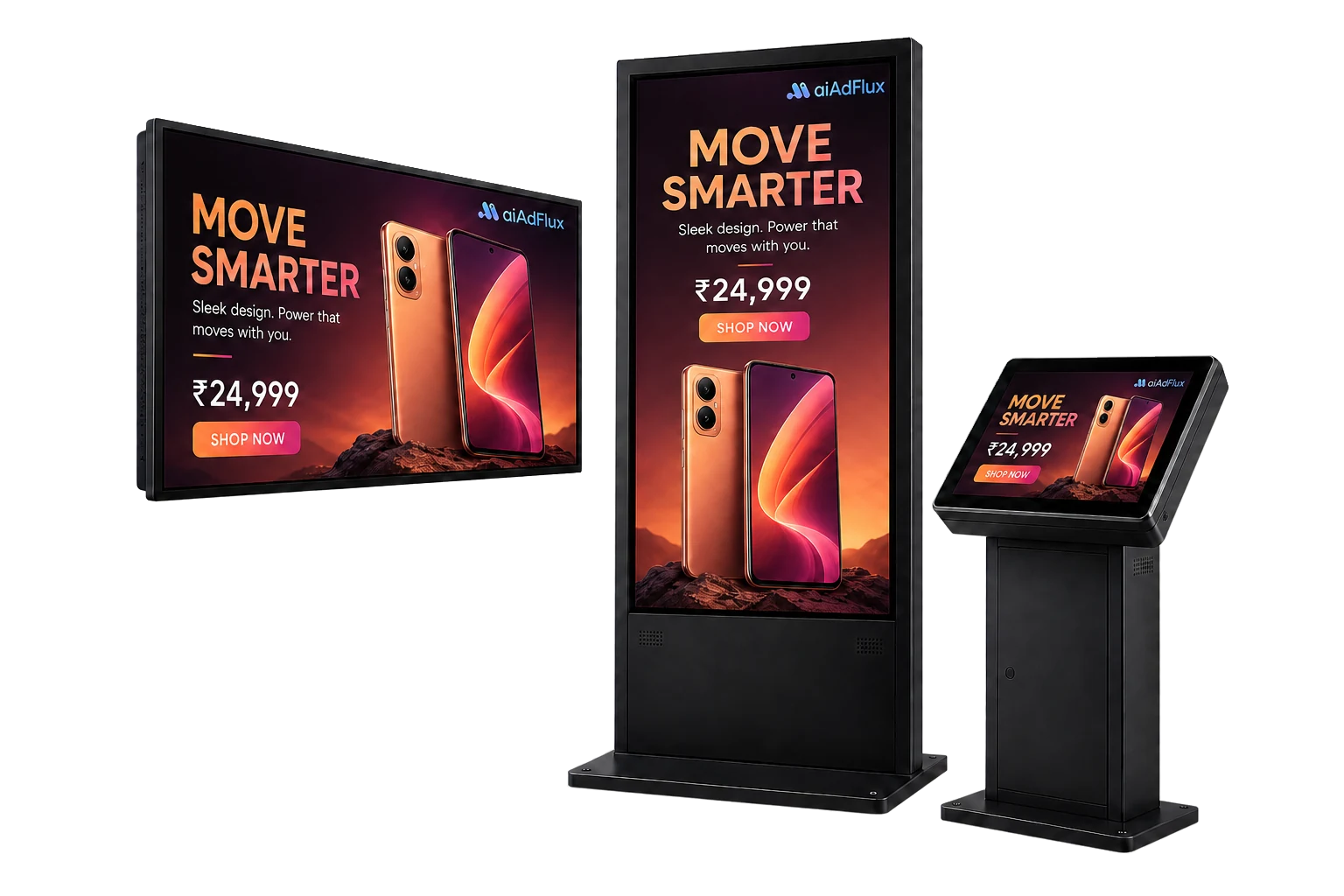 Commercial digital display, portrait advertising standee, and touchscreen kiosk running an aiAdFlux-managed smartphone campaign