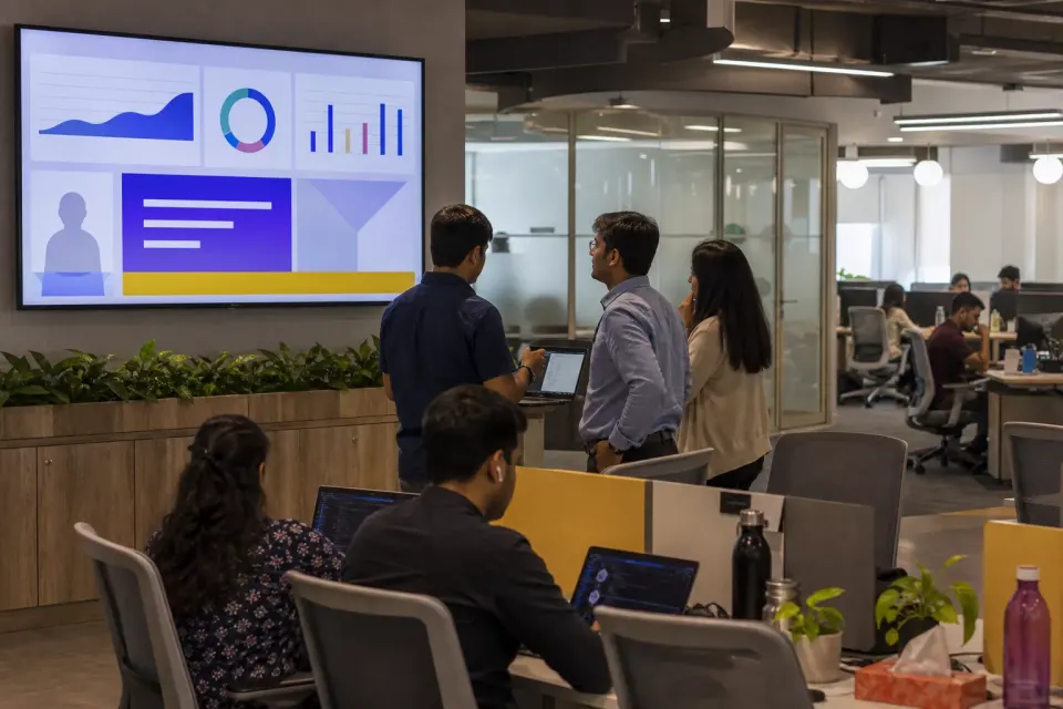 Employee communication display inside a contemporary Indian workplace