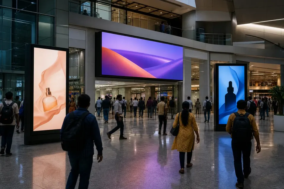 Coordinated digital advertising displays across a busy Indian commercial concourse