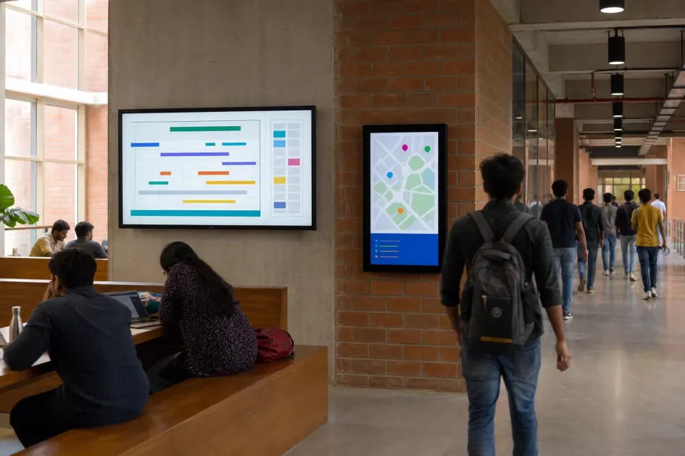 Campus notice display inside a modern Indian university common area