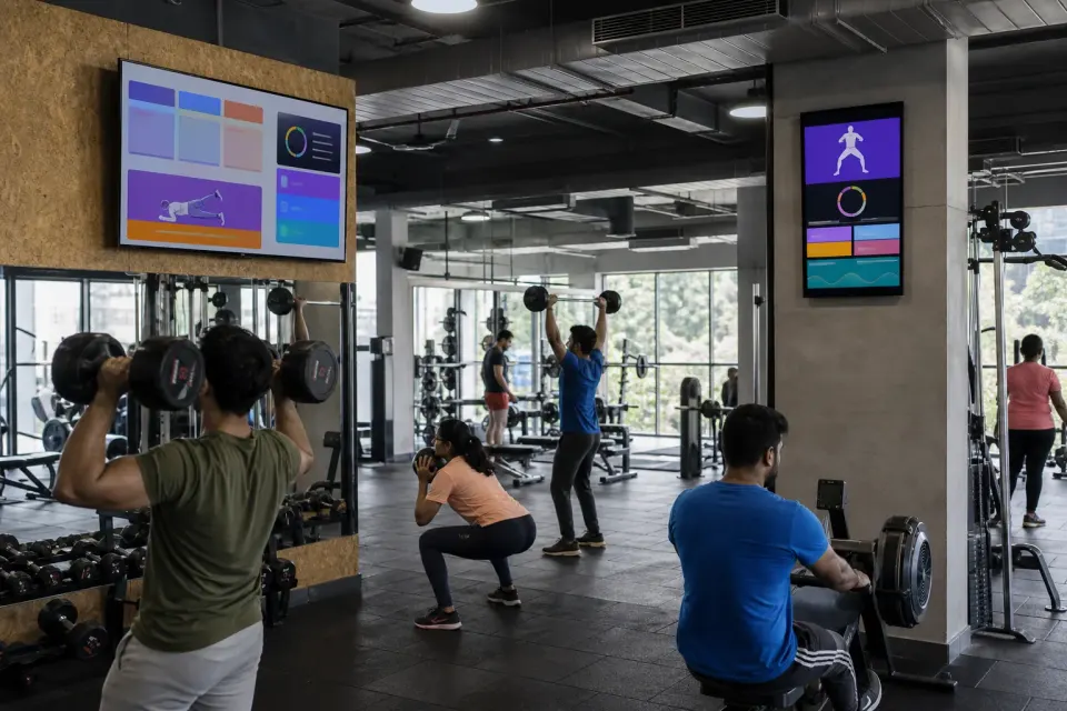 Class and member communication display inside a modern Indian fitness centre