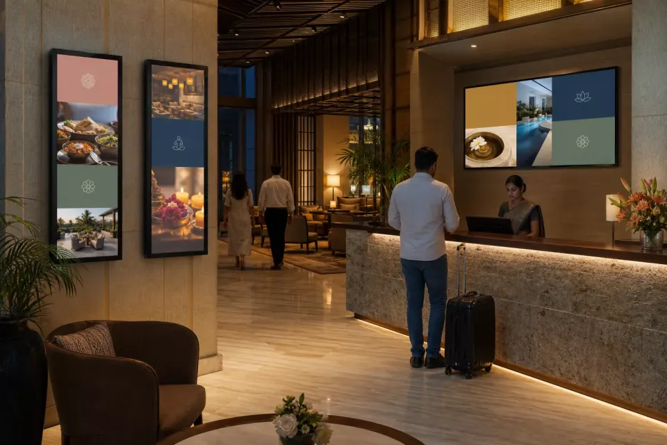 Welcome and event displays inside a contemporary Indian hotel lobby