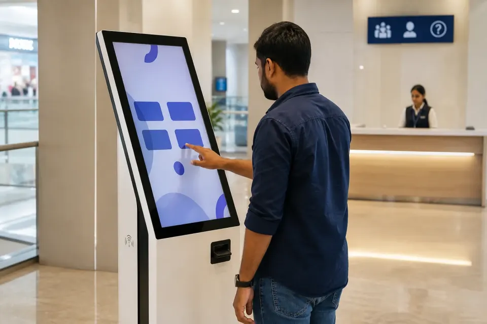 Visitor using a commercial self-service kiosk inside a modern Indian service venue