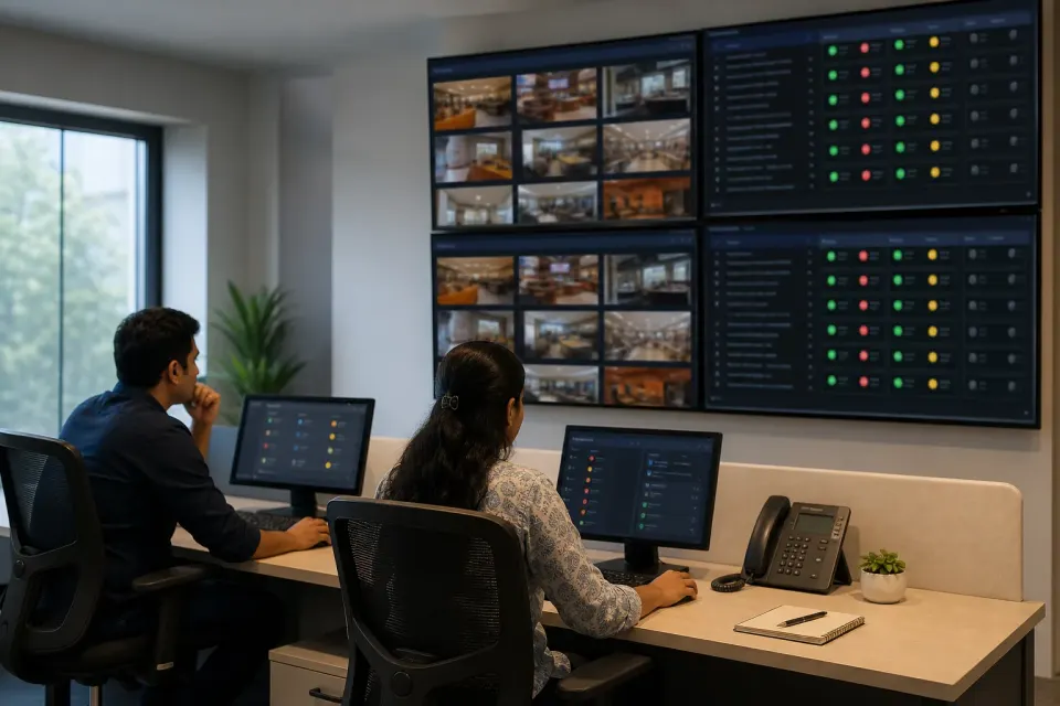 Indian operations team monitoring digital displays across multiple locations