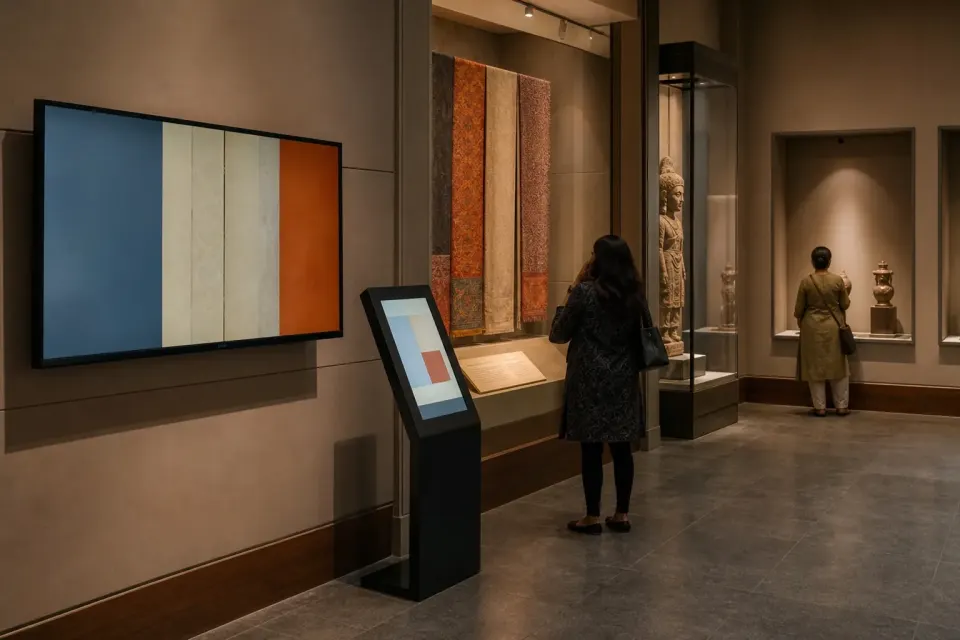Digital interpretation screens beside exhibits in a contemporary Indian museum