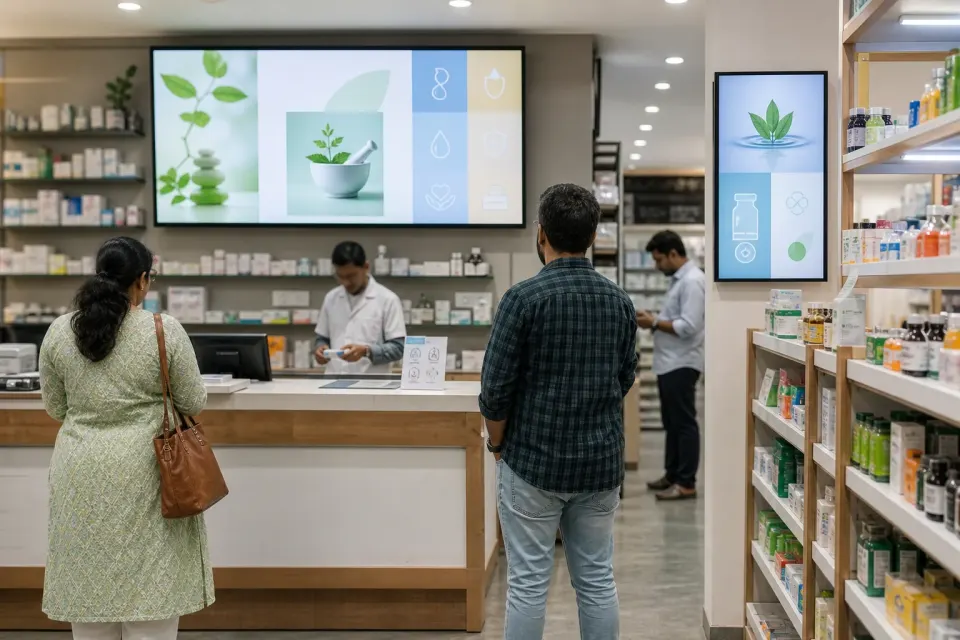 Wellness and service information display inside an Indian pharmacy