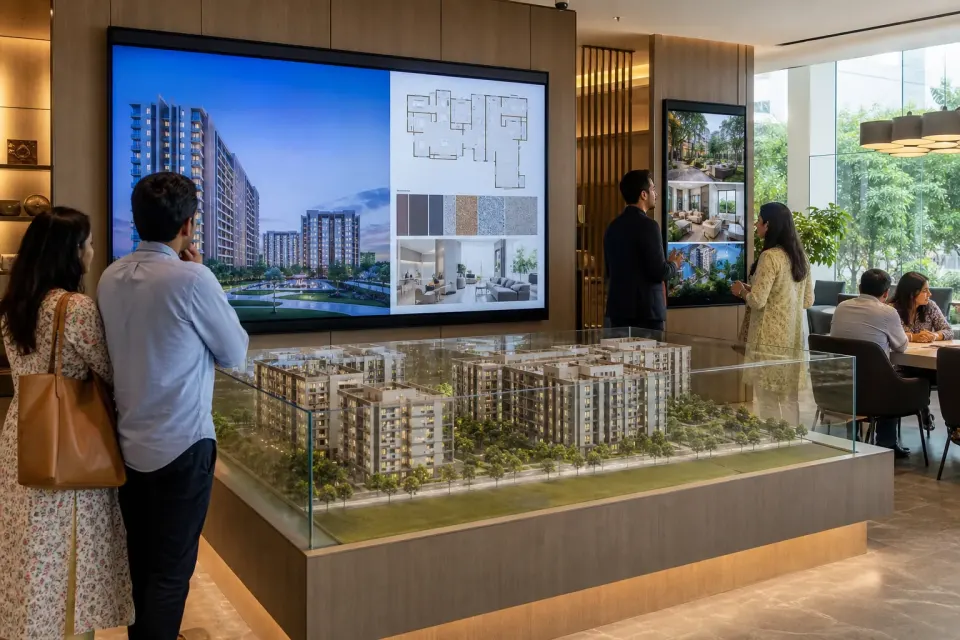 Property presentation display inside an Indian real-estate sales gallery