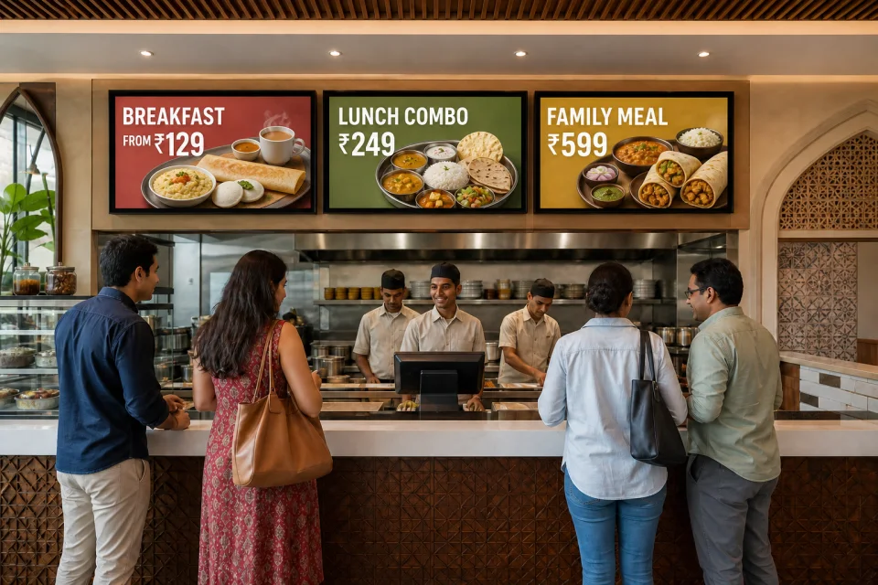 Indian restaurant digital menu boards showing breakfast, lunch and family-meal offers