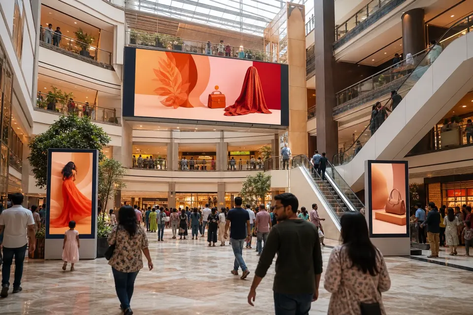 Directory and campaign displays inside a contemporary Indian shopping mall
