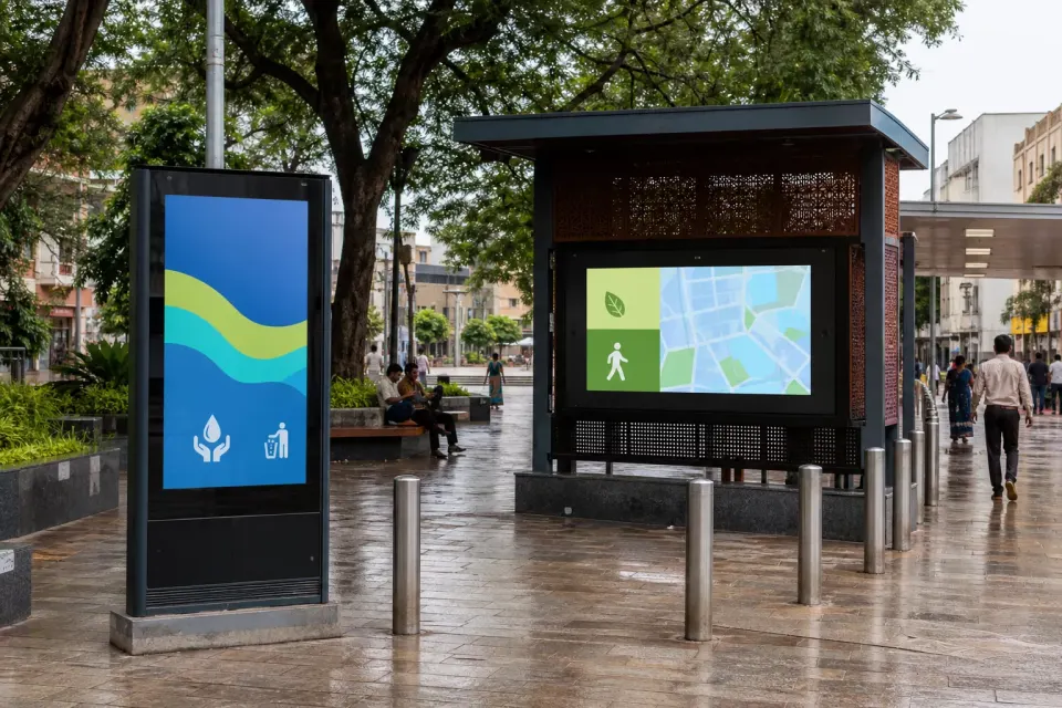 Civic information display in a contemporary Indian public plaza