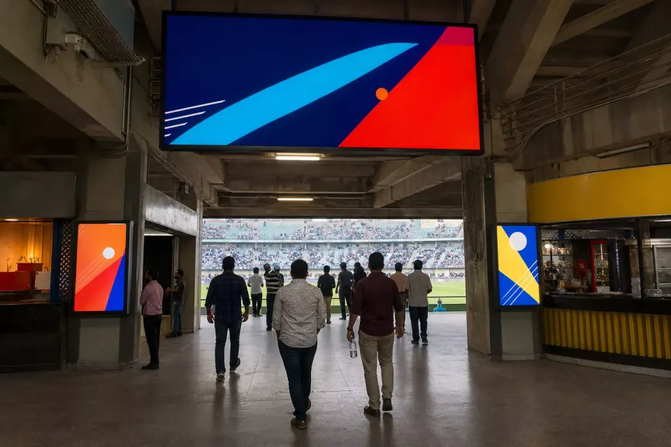 Sponsor and wayfinding displays in an Indian cricket stadium concourse