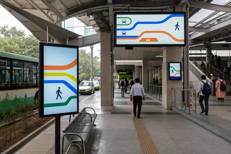 Passenger information and advertising displays inside an Indian transport terminal